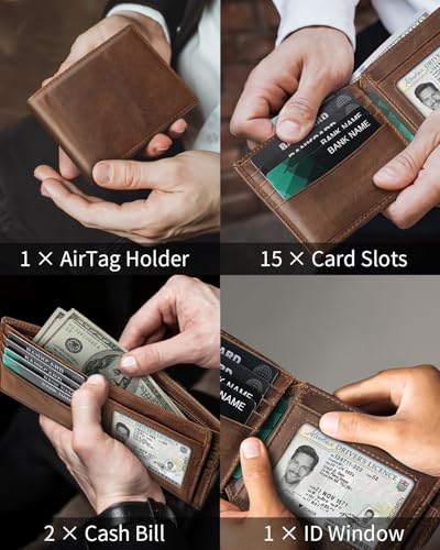 Mens Genuine Leather Bifold RFID Blocking Wallet with 14 Card Slots, ID Window & 2 Cash Pocket - Includes Gift Box2