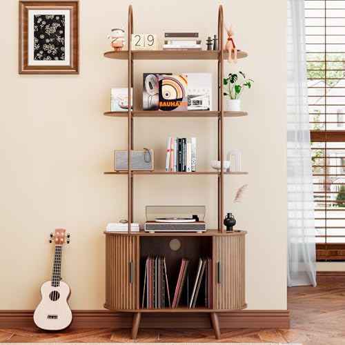 Tall Vinyl Record Player Stand, 4 Tier Arched Bookshelf with Sliding Doors, Retro Small Record...