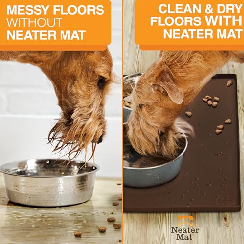 Image of Neater Pet Brands Neater Mat Pet Mats for Food and Water, Cat & Dog Bowl Mat Waterproof Silicone, Feeding Tray, Dog Food Mats for Floors, Placemat w /Raised Edge for Under Bowls, 24 inch x 16 inch, Brown