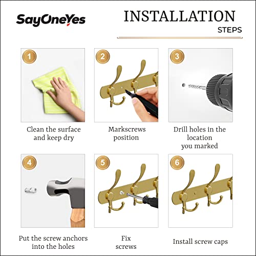 Sayoneyes Coat Rack Wall Mount With 5 Tri Coat Hooks For Hanging – 16 Inch Heavy Duty Sus304 Stainless Steel Brass Finish Waterproof – Wall Hook Rack For Bathroom Kitchen Entryway (Gold) #TOP5