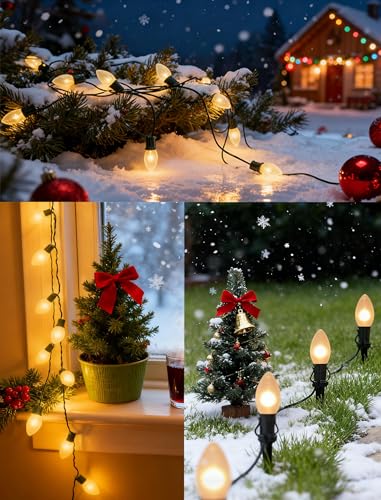 Image of 25Ft Frosted White Christmas Lights C9 Vintage Christmas String Lights with 26 Frosted White Bulbs(1 Spare) Hanging Outdoor String Lights for Patio Holidays Christmas Prom Party Wedding- Green Wire