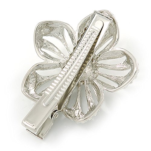 Clear Austrian Crystal Open Daisy Flower Hair Beak Clip/ Concord Clip/ Clamp Clip In Silver Tone - 60Mm L #TOP3