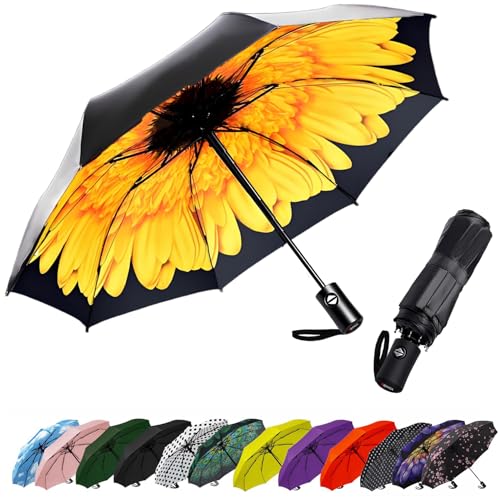 Image of SIEPASA Compact Travel Umbrella - Windproof Auto Open /Close, Small Folding Umbrella for Rain & Sun with UPF50+ - Lightweight Frame, Waterproof - Fits Backpack, Purse, Suitcase.(Sunflower