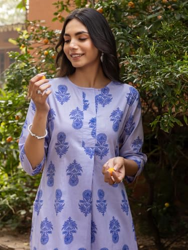 Image of FIORRA Women's Blue Cotton Flared Kurta Set