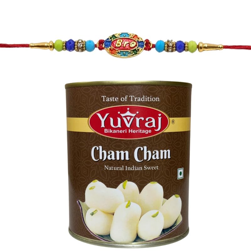 yuvraj premium desingner rakhi for bhaiya & sweets white cham cham 1 kg with roli chawal pack