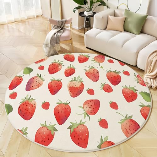 Alfombra Redonda Fresas Hojas Verdes, Alfombra Rojo Resistente a Las Manchas, Alfombras Franela Acuarela Linda Fresca Antideslizante, para Salón Sofá Mesa de Café Estudio Comedor 120cm