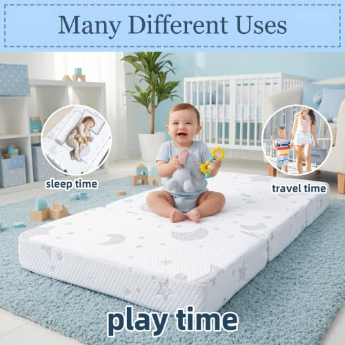 Image of 38 inchx26 inch Memory Foam Pack and Play Mattress - Tri-Fold Portable Travel Bed with Breathable Cover, Non-Slip Base & Carry Bag - Better Sleep, Anywhere