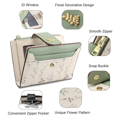 Image of Small Wallets for Women Leather Bifold Zipper Pocket Wallet Cute Flower Credit Card Holder Coin Purse with ID Window