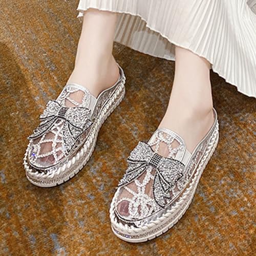 Image of Women's Platform Rhinestones Glitter Sneakers,Fashion Cute Bow Comfy Breathe Canvas Hand-Stitching Slip On Casual Walking Flat Loafers
