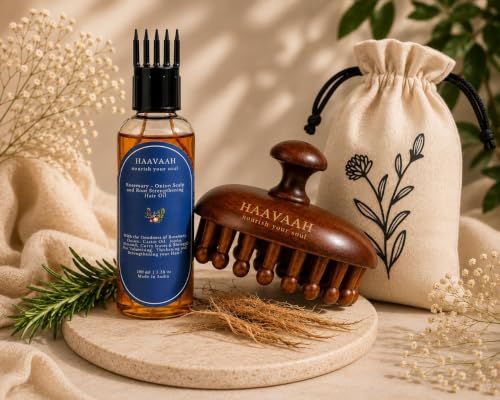 Image of 28 Teeth Natural Wood Hair and Scalp Massager Comb,Stress Relief & Detox Shampoo Brush,Wet and Dry Application for Reducing Dandruff and Stimulates Hair Growth - Onion & Rosemary HairOil Combo (28 Teeth Wooden Scalp Massager & Rosemary - Onion Hair Oil Combo)
