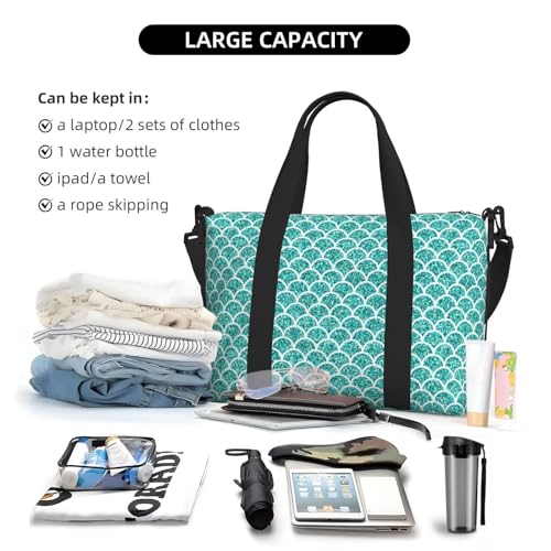 Travel Duffle Bags For Women Men - Fish Scale Green Pattern Print Personal Item Weekender Overnight Gym Carry On Airport Tote Bag With Strap For Yoga, Travel, Business Trips4