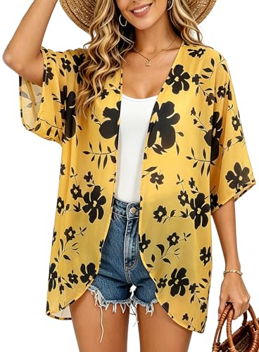 Image of FINOCEANS Womens Floral Chiffon Kimono Cardigans Loose Beach Cover Up Half Sleeve Tops