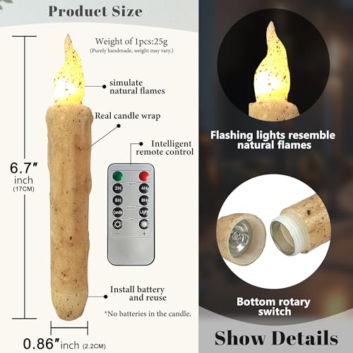 Image of Retro Khaki Flameless Short Taper Candles, Real Wax Hand Dipped LED Battery Operated with Remote, Flickering Flame Lights for Festival Home Decor, 6.7 Inch Primitive Flameless Candles, 4PCS