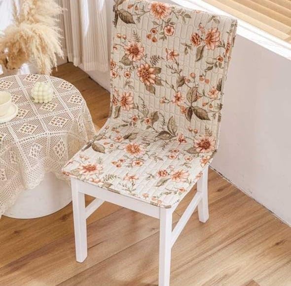Image of HOMETHREADS Floral Quilted Cotton Chair Cover - Soft, Comfortable Dining Chair Seat Protector with Non-Slip Backing & Strong Elastic Strap for Snug Fit (White Green, Pack of 4)