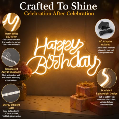 Image of Quace Happy Birthday LED Neon Sign, Warm White Neon Light for Birthday Decoration, Wall Hanging & Table Display, Acrylic LED Party Light with Adapter, 40.6 x 20.3 cm for Home, Events & Photo Backdrop