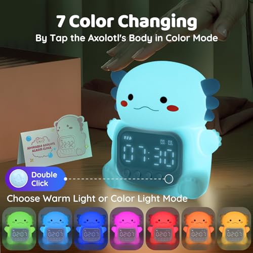 Image of Axolotl Alarm Clock with Night Light for Kids, Rechargeable Silicone Lamp Time to Wake Clock Cute Animal Tabletop Lamp, Perfect Sleep Companion for Boys Girls, Blue