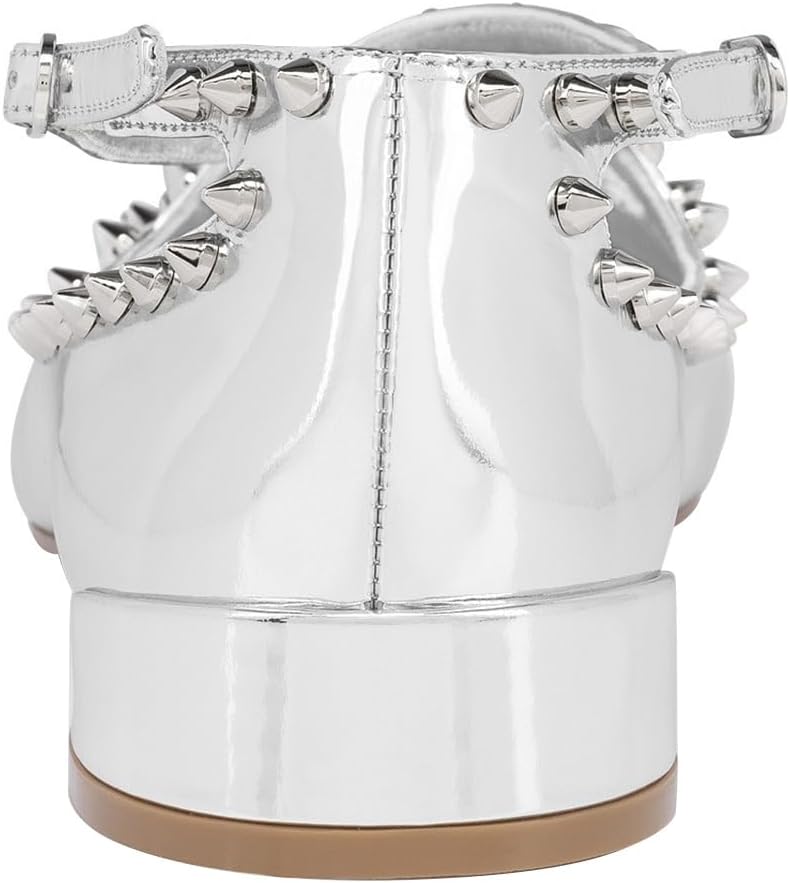 FSJ Women Spikes Ballerina Round Toe Pumps Cross Strap Studded Rivets Adjustable Buckle Block Low Heels Mary Jane Shoes Size 4-16 US