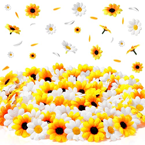 Geosar 200 Têtes de Marguerite Tournesol Artificielles Faux Tournesols Fleurs de Marguerite Blanches Mini Tournesols Individuels Fausses Fleurs de Marguerite en Tissu 1,6 Pouces Tête de Fleur
