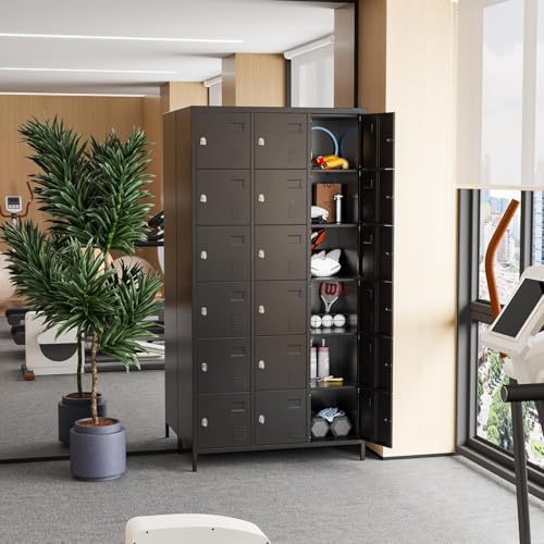 Image of SUXXAN 18 Doors Metal Lockers for Employees for Offices School Gyms Home,Assembly Required(Black) | 18-door black metal employee locker with name card slots, ventilation, raised legs, and required assembly.