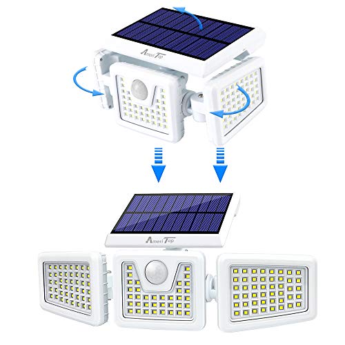 Solar Lights Outdoor -2 Pack, AmeriTop 800LM Wireless 128 LED Solar Motion Sensor Lights Outdoor; 3 Adjustable Heads, 270° Wide Angle Illumination, IP65 Waterproof, Security LED Flood Light - White