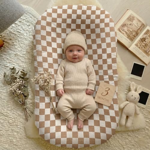 Image of guruixu Muslin Baby Lounger Cover 2 Pack, 100% Cotton Infant Lounger Cover, Soft & Breathable Replacement Slipcover, Compatible with Snuggle Me Newborn Lounger (Coffee,Coffee Check)