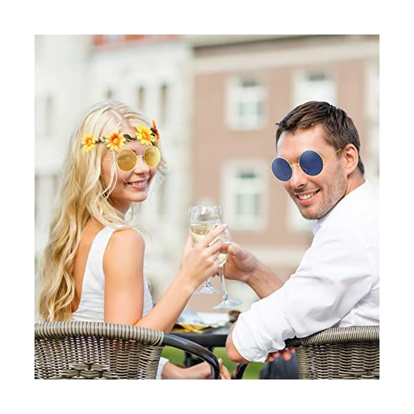 Bememo 24 pieces hippie headband glass costume set, includes 12 pieces multicolor lady girl flower headbands, 12 pieces round hippie sunglasses for festival party - image 8