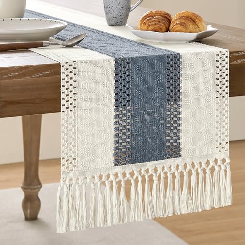 Image of ZeeMart Macrame Style Bicolor Stitching Table Runner, 14 x 72 Inch Navy /Ivory, Boho Navy Blue Table Runners 72 Inches Long, Farmhouse Woven Home Decor