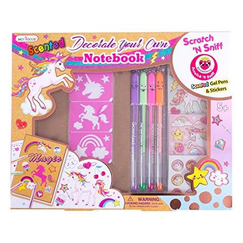 Hot Focus DIY Unicorn Notebook Kit - Decorate Your Own Journal Diary with 4 Scented Gel Pens, Scratch ‘N Sniff Unicorn Stickers and Stencils Cover