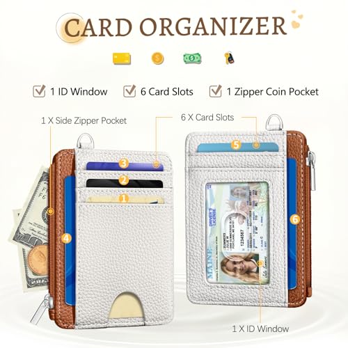 Image of Kelvoris White Caramel Credit Card Holder Small Wallet Women, Slim RFID | Keychain, Zipper Coin Pocket, Front Pocket Thin Travel Card Case, Minimalist, 6 Card Slots, 1 ID Window, Ladies Gifts Woman