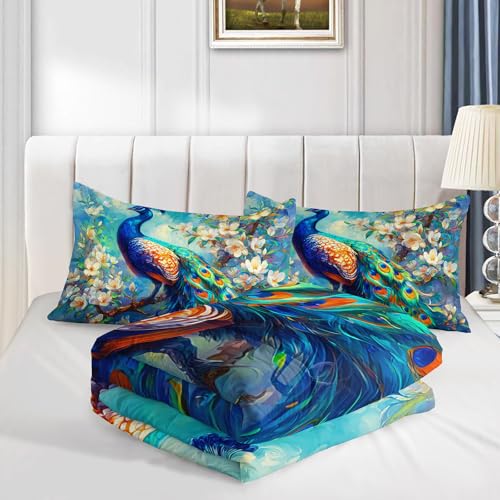 Image of AILONEN Vintage Flora Blue Peacock Comforter Set Twin Size,Garden Birds Bedding Sets for Girls Women Bedroom Decor,3-Piece, 1 Quilt and 2 Pillowcases