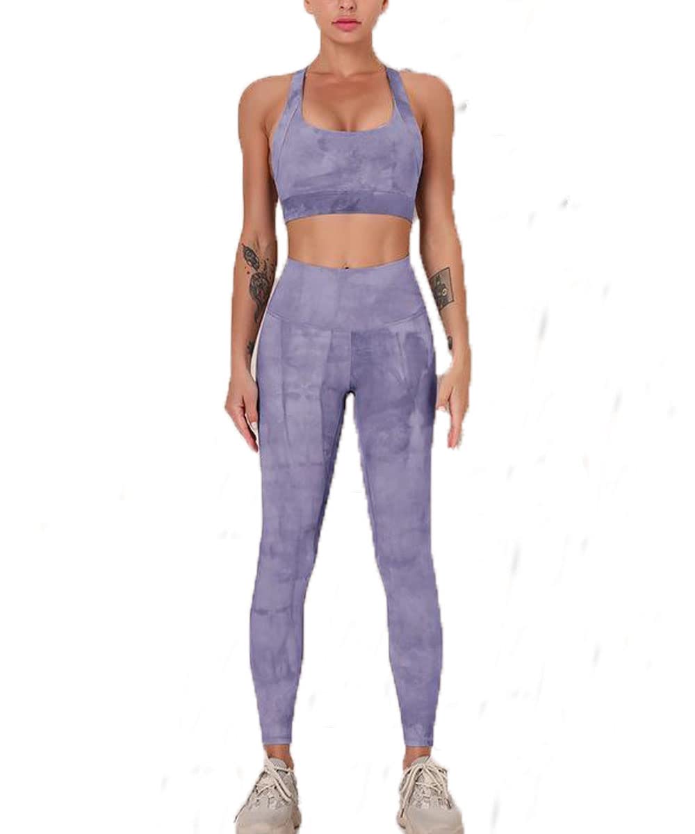 Elhada Workout Yoga Outfits Sets for Women Butt Lifters Leggings Control Panties Tie Dye Nude Sweetsuit