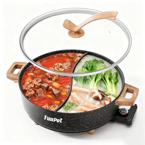 FunPot Electric Twin Compartment Hot Pot with Divider, Diamond grid embossed base, 1350W Temperature control, Large 6-Litre Capacity, Compact Woodgrain handles with Hollow Design