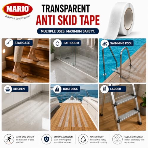 Image of Mario Transparent Anti Skid Tape 50mm x 5m | Clear Anti Slip Safety Grip Tape for Stairs, Tiles, Bathroom, Kitchen & Floor | Waterproof Heavy Duty Self Adhesive Non-Slip Tape Indoor Outdoor Use