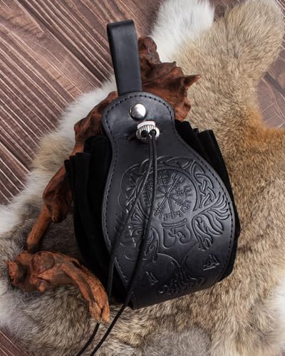 Image of Leather Belt Pouch Medieval Vintage Renaissance Viking LARP Cosplay Costumes Drawstring Coin Purse Phone Holder Waist Bag (Phoenix-Black)