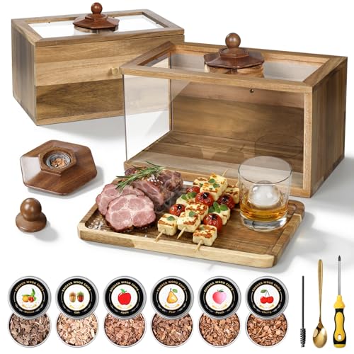 Aulin Whiskey Smoker Kit with Food Tray Cocktail Smoker Kit 6PCS Flavor Wood Chips Drink Smoking Box Old Fashioned Bourbon Smoker Kit Whiskey Gifts(No Torch)