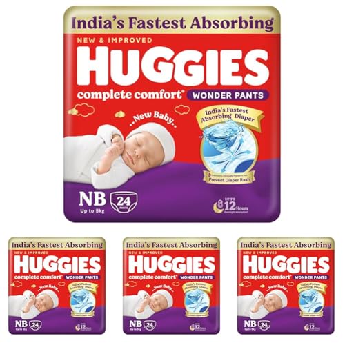 Image of Huggies Complete Comfort Wonder Pants | Pant Style Baby Diapers Newborn Size (NB /XS), 24 Count | India's Fastest Absorbing Diaper, Prevents Diaper Rash, Ideal for 0-5 Kgs (Pack of 4)