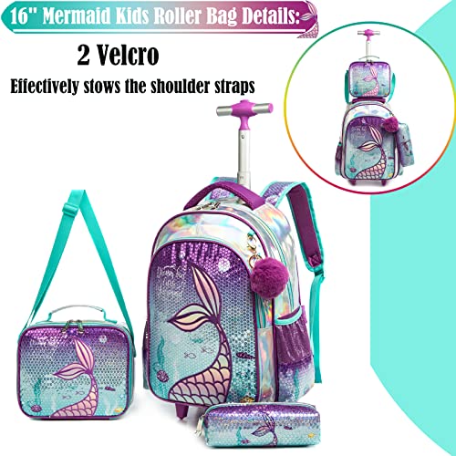 Egchescebo School Bags Kids Rolling Mermaid Backpack For Girls Kids Luggage Suitcase With Wheels Trolley Wheeled Backpacks Travel Bags 3Pcs Girls Cat Backpack With Lunch For Kids Purple #TOP4
