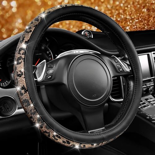 CAR PASS Bling Diamond Steering Wheel Cover Leopard Pattern, Sparkly Crystal Glitter Rhinestones Black Leather Wheel Protect for Women Girl Fit Suvs,Vans,Sedans,Cars,Trucks, 14" 1/2-15" Gold Leopard by CAR PASS - Used condition - US$10.70