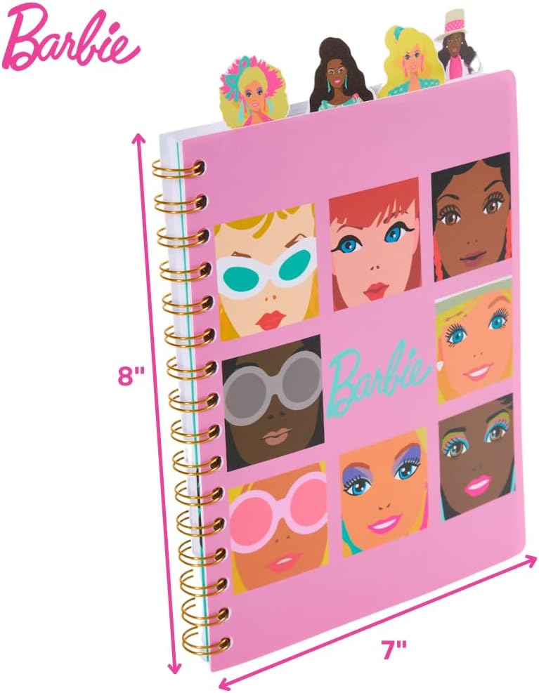 Barbie Tab Journal Notebook for Kids, Spiral Bound, 96 Lined Pages, 8 x 7 inches, Pink