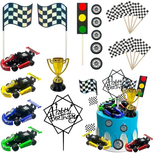 Decoración de pastel de carreras, 23 piezas, decoración de fiesta temática de carreras, accesorios para tartas de cumpleaños para niños, fórmula, pancarta de neumáticos, trofeo, accesorios para