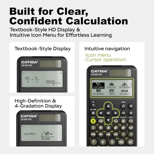 Image of CATIGA Black Scientific Calculator with Textbook-Style HD Display, Solar & Battery Scientific Calculators for College, High School & Engineering Students, Icon Menu & Magnetic Hard Case, CS-991NX