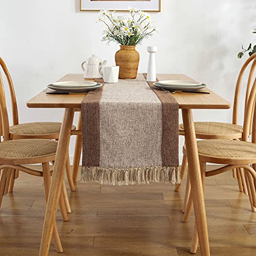 rismart Cotton Linen Tassels Table Runner for Dinning Dresser Table Beige Brown,38 x 180 cm, 38 x 180 cm (Length including tassel) - Image 3