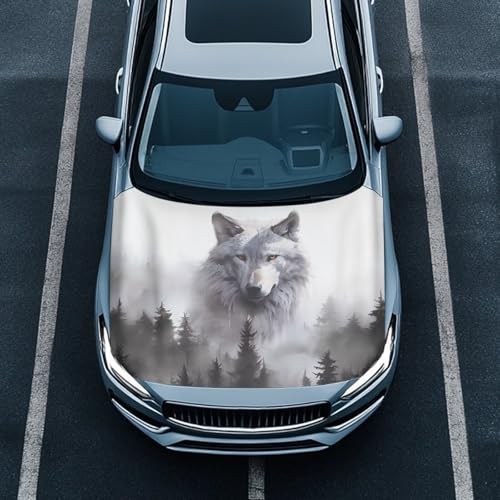 Image of Wolf White Car Hood Cover Polyester Elastic Fabrics Can be Washed Suitable for Large SUV and Pickup Trucks