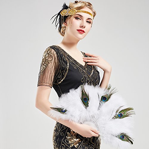 Babeyond Marabou Feather Fan 20S Vintage Folding Fan Flapper Hand Fan For Costume Dancing Show Tea Party Wedding Decoration (White With Peacock Feather) #TOP4
