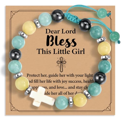 Image of Cross Natural Stone Bracele for girls，Birthday Confirmation First Communion Baptism Gifts for Daughter Granddaughter from Mom Grandmother Matching Jewelry Gift Grade Graduation -52 (Green)