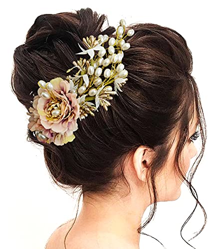 Image of Hair Flare Artificial Peony Flower with Pearl Hair Comb Slide, Hair Juda Bun Accessories, Side Hair Pin for Girls & Women, Peach, 2216
