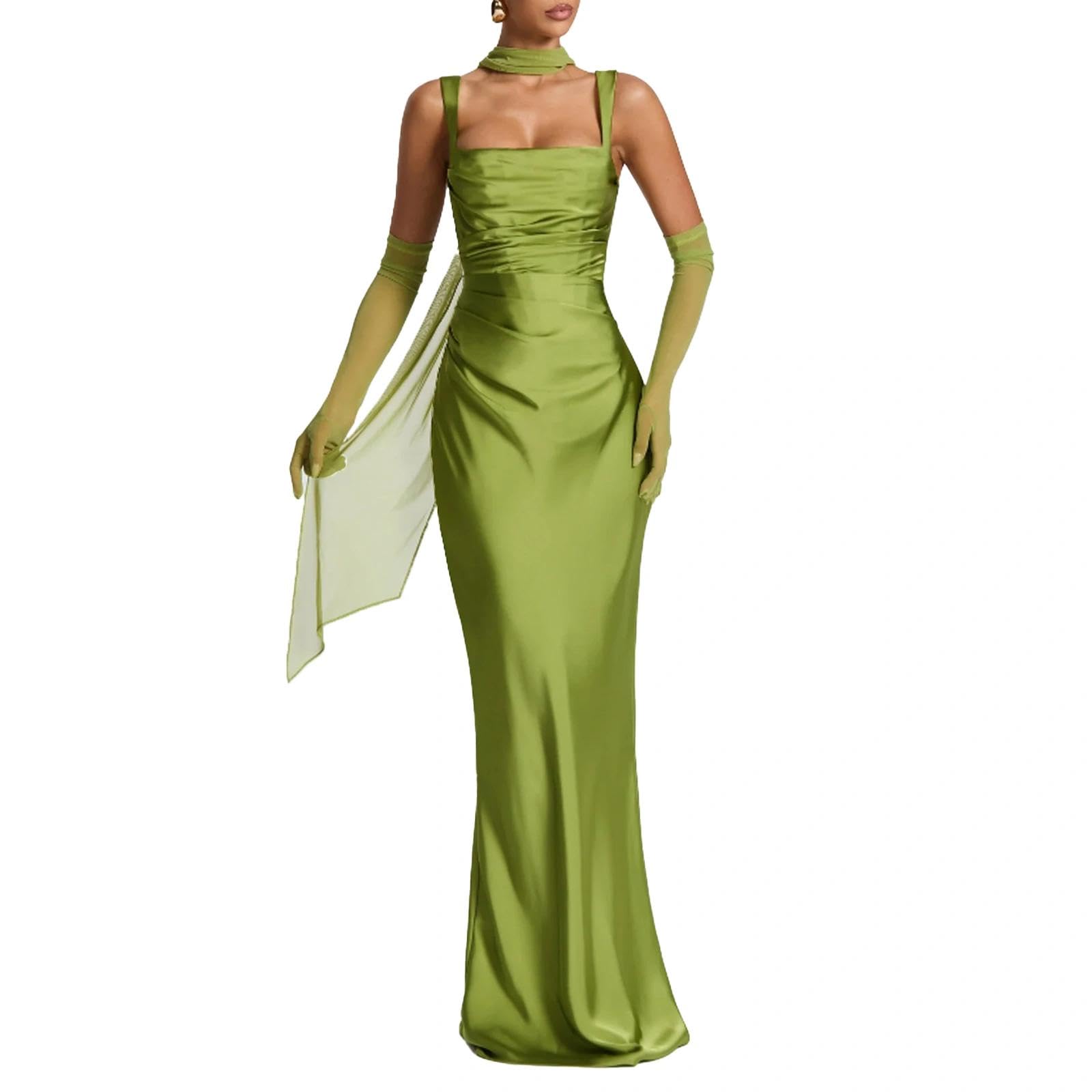 Photo 1 of ABYOVRT Women Wedding Guest Dress Satin Corset Top Elegant Maxi Dresses with Sheer Scarf Evening Gown (Green,M