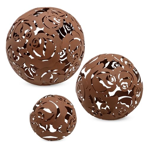 Lot de 3 boules décoratives en métal rouillé, 20/15/10 cm, marron, pour jardin, balcon, terrasse, fleurs