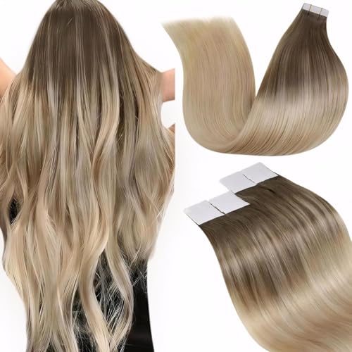 Image of LaaVoo Tape in Human Hair Extensions Balayage Hair Tape in Extensions Ombre Brown to Ash Blonde with Platinum Blonde Tape on Extensions Real Straight Hair 22inch 50g 20pcs