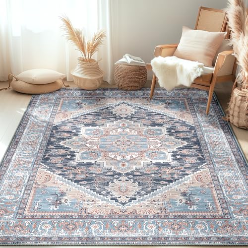 BESTSWEETIE 5x7 Area Rugs for Living Room Washable Non Slip Carpet Low Pile Soft Vintage Print Pattern Rug for Bedroom Dining Room Kitchen Entryway Indoor-Navy Blue/Light Blue/Natural/Brick